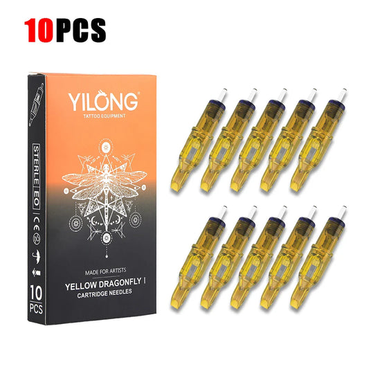 10PCS Yellow Dragonfly Tattoo Cartridge Needles – RL, RM, RS, M1 (1–15 Sizes) for Tattoo Machine Pens