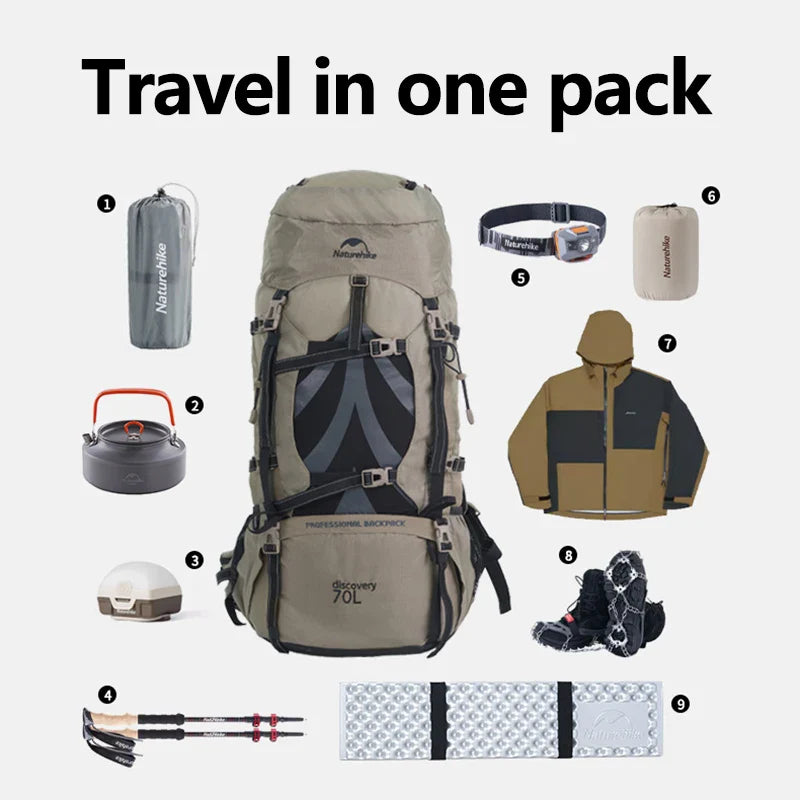 Naturehike 70L Camping Backpack — Large Capacity Ergonomic Hiking & Trekking Bag for Men with Rain Cover