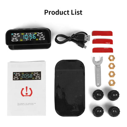 Solar TPMS Tire Pressure Monitoring System – 4-Wheel External Sensors with Temperature Alarm for Car Tyre Safety