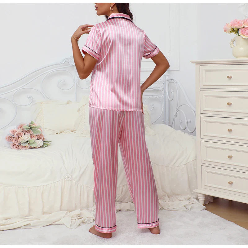 Women’s Satin Striped Pajama Set – Victorian Style Top & Pants Autumn Sleepwear Loungewear