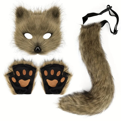 5pcs Fluffy Fur Fox Tail & Cat Paws Gloves Set — Wolf Mask Halloween Cosplay Costume Accessories for Theme Party Dress-Up