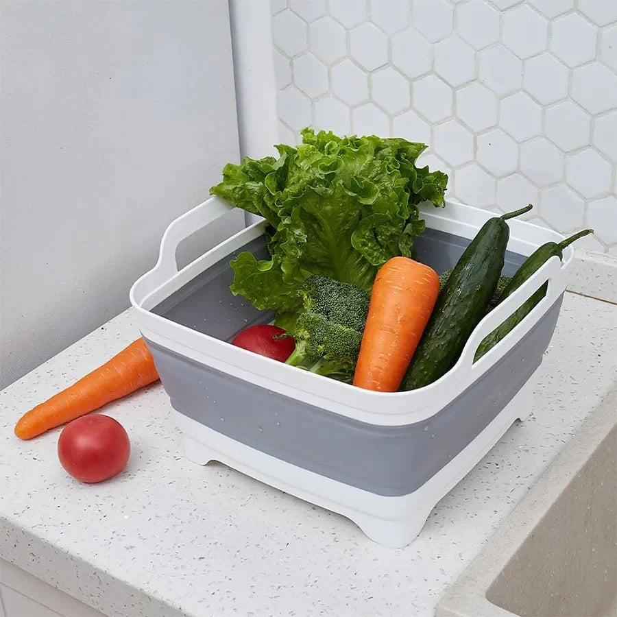 9L Collapsible Wash Basin - Portable Plastic Sink with Drain Plug for Vegetables, Fruits, Dishes & Storage