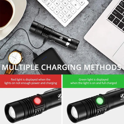High Power Zoomable LED Flashlight - T6 Lamp Beads, Waterproof, 4 Lighting Modes, Multi-Function with USB Charger for Camping