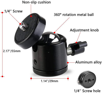 1/4" Ball Head Screw Tripod Mount - 360° Rotating Base Adapter for DSLR Camera, Tripod, Monopod & Camcorder