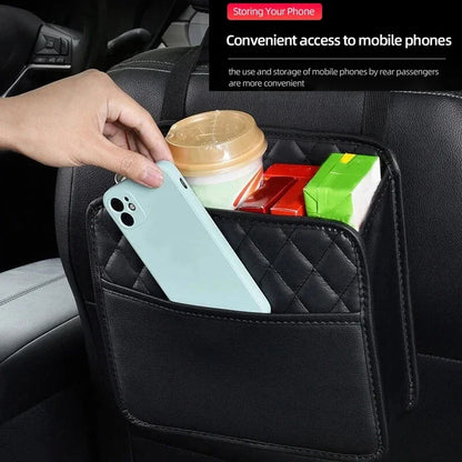 Multifunctional Car Seat Storage Bag – Leather Auto Organizer & Trash Bag Universal Fit for Most Car Models, Car Interior Storage Solution