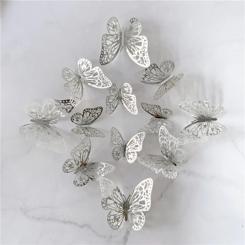 12PCS 3D Hollow Butterfly Wall Stickers – Gold, Silver & Rose Decorative Decals for Wedding, Living Room & Home Decor