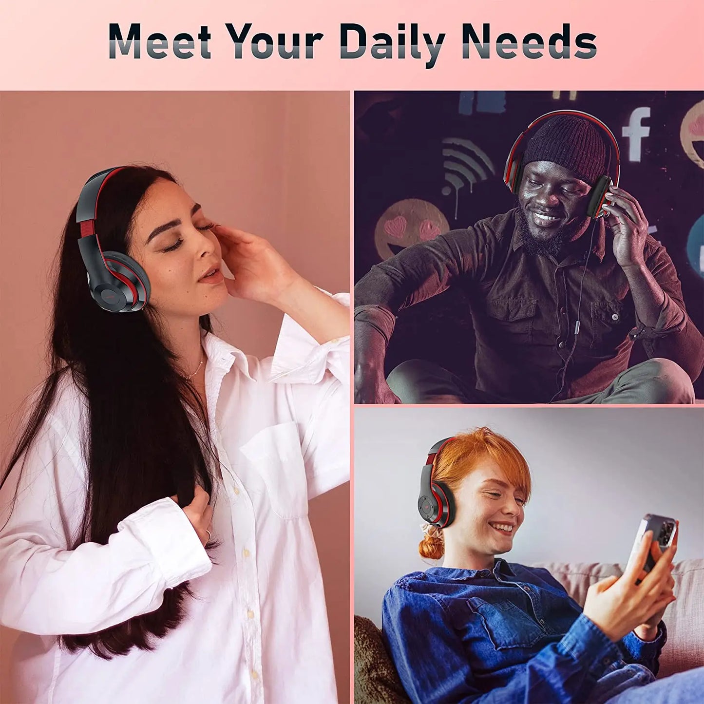 Wireless HiFi Stereo Over-Ear Headphones - Bluetooth Headset with Mic, TF Card Support, Noise Cancelling for Cellphones & PC