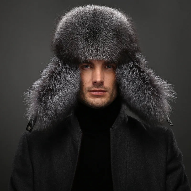 Men's Luxury Fox Fur Lei Feng Hat with Ear Flaps - 100% Sheepskin Top, Real Fur Winter Cap