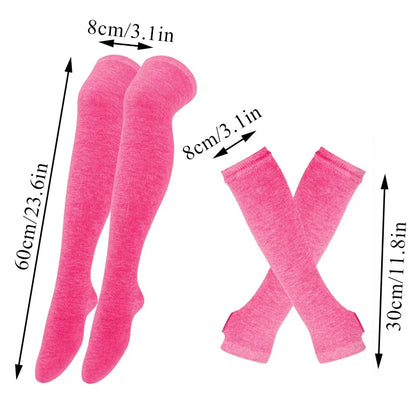 Women’s Over-Knee Long Stripe Socks & Arm Sleeve Gloves – Cute Plus Size Thigh High Cotton Socks