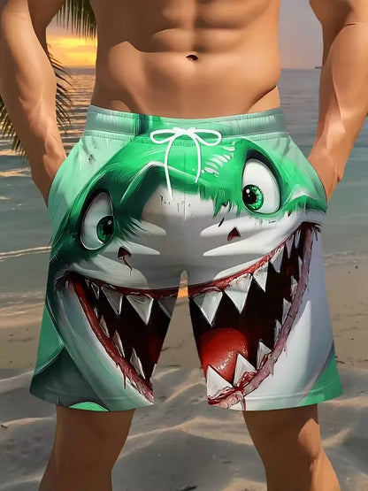 3D Shark Print Swim Shorts - Quick-Dry Drawstring Beach Trunks