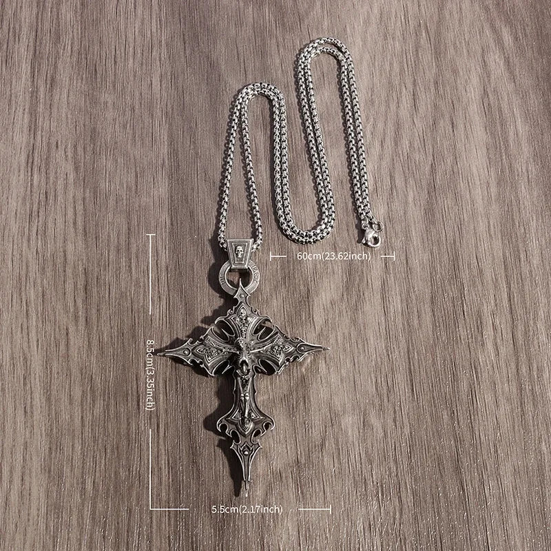 Gothic Skull Jesus Cross Necklace – Punk Catholic Amulet Jewelry for Men, Religious Pendant