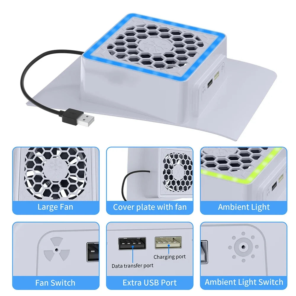 NEW Side-Mounted Cooling Fan for PS5 Slim – LED Light & 2 USB Ports Game Console Cooler Accessory
