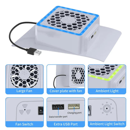 NEW Side-Mounted Cooling Fan for PS5 Slim – LED Light & 2 USB Ports Game Console Cooler Accessory