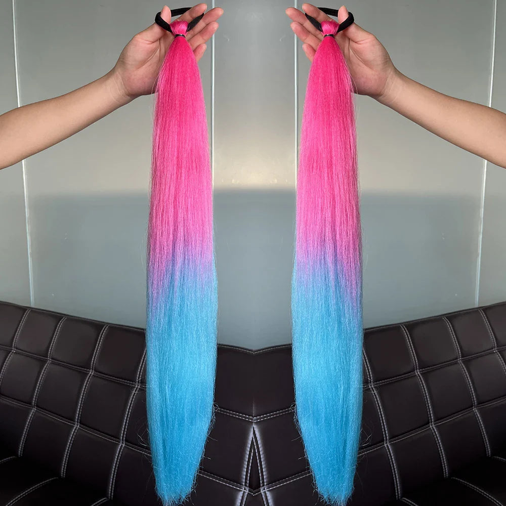 Synthetic Colorful Ponytail Extensions – Long Straight Braided Hairpieces with Rubber Band for Women