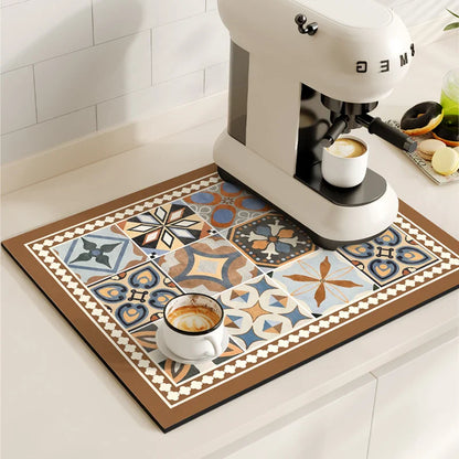 Retro Coffee Maker & Dish Drying Mat – Non-Slip, Quick-Dry Kitchen Placemat for Tableware, Washable