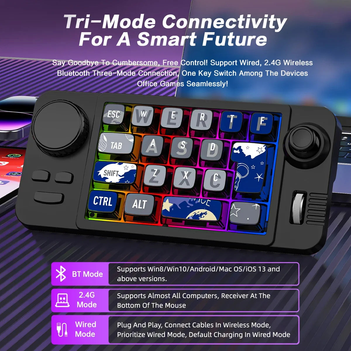 Rechargeable Mechanical Gaming Keypad - Bluetooth 2.4G Wireless & Wired Programmable Joystick Keyboard with RGB Backlit