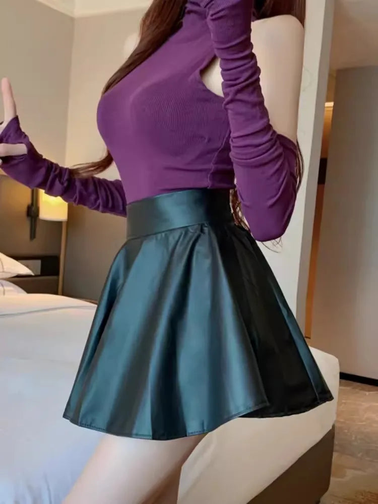 Women’s Multipurpose Mini Skirt — High Waist Faux Leather Skater Skirt, Elastic Short Skirt for Work & Nightclub
