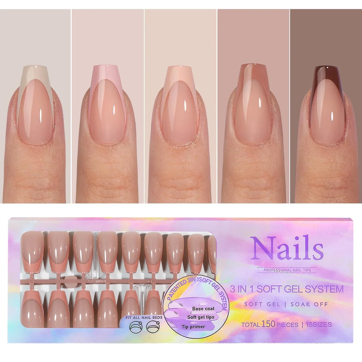 150PCS Press On Fake Nails - 6 Color Multi-Size Almond Acrylic Nails with French Style Removable Design