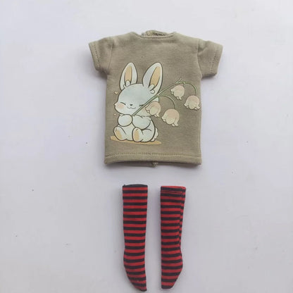 Handmade OB24 1/6 Blyth Doll Clothes – Cartoon T-Shirt with Striped Socks for 1/6 Doll Accessories