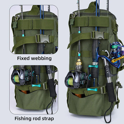 Tactical Fishing Backpack – Multifunctional Tackle Bag with Rod Holders, Molle Storage for Fishing, Camping & Hiking