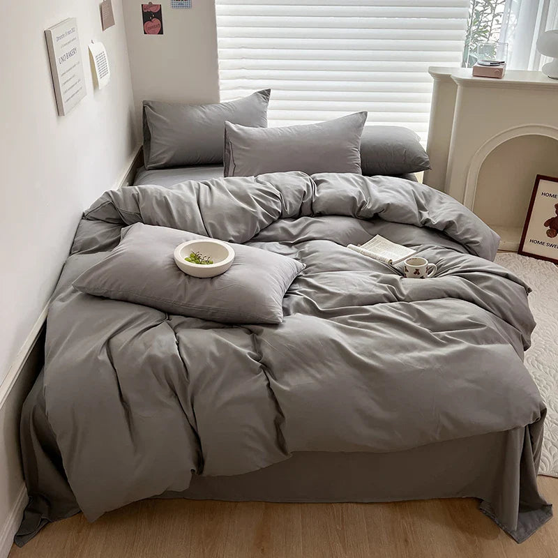 Solid Cotton Bedding Set - Sheet, Duvet Cover & Pillowcase, Single/Double/Twin/King/Queen Size
