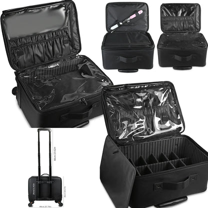 Large Capacity Makeup Trolley Case – Multi-Functional Rolling Organizer Bag in Oxford PU for Beauty, Nail Art, Tattoo & Professional Use