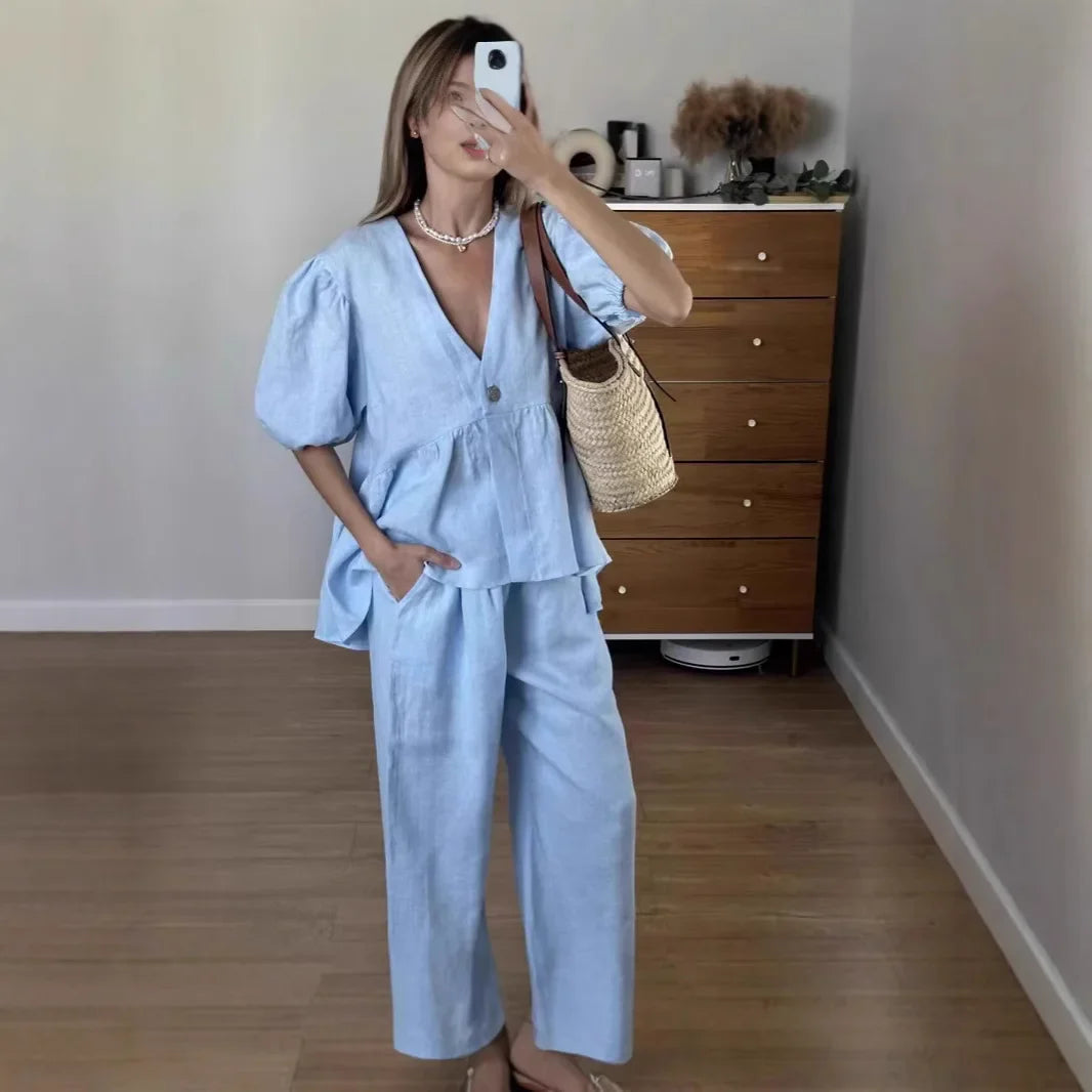 2025 Women’s Solid Color 2-Piece Set – V-Neck Bubble Sleeve Top & Long Pants Summer Casual Outfit Suit