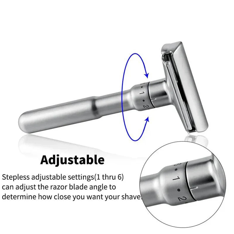 Mingshi Adjustable Safety Razor – Double Edge Classic Men’s Shaver with 1-6 Mild to Aggressive Settings and 5 Blades