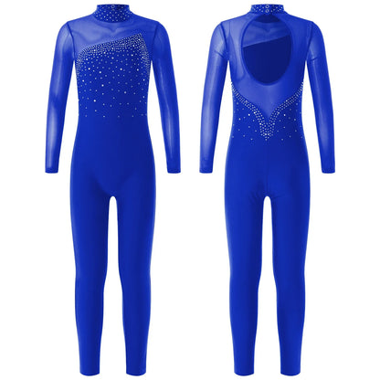 Kids Girls Long Sleeve Rhinestone Bodysuit — Full Body Dancewear Gymnastics Leotard Skating Jumpsuit