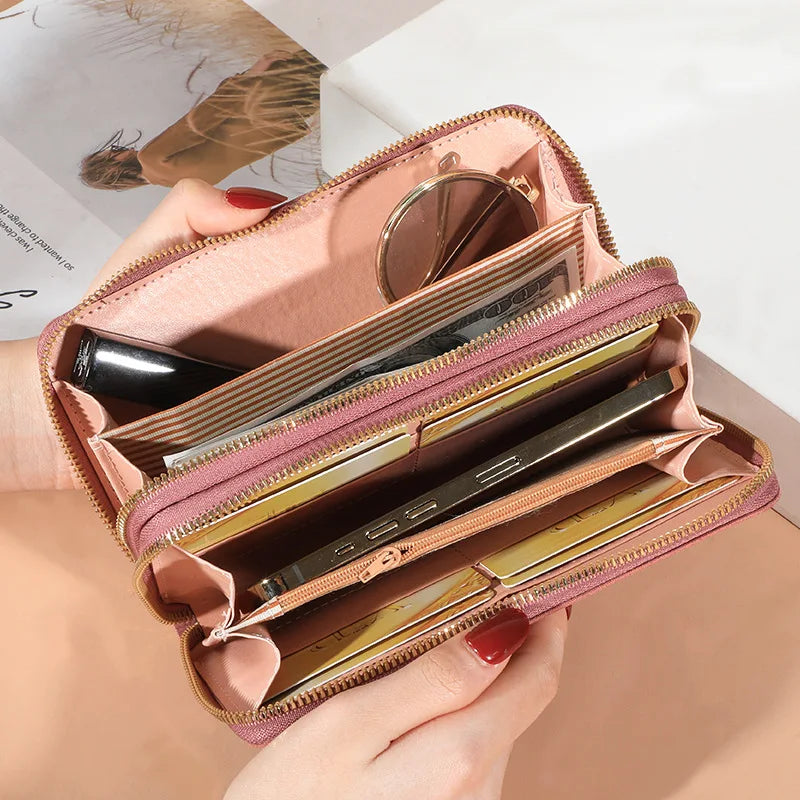Long Women’s PU Leather Wallet – Double Zipper Tassel Clutch with Coin Purse & Card Holder