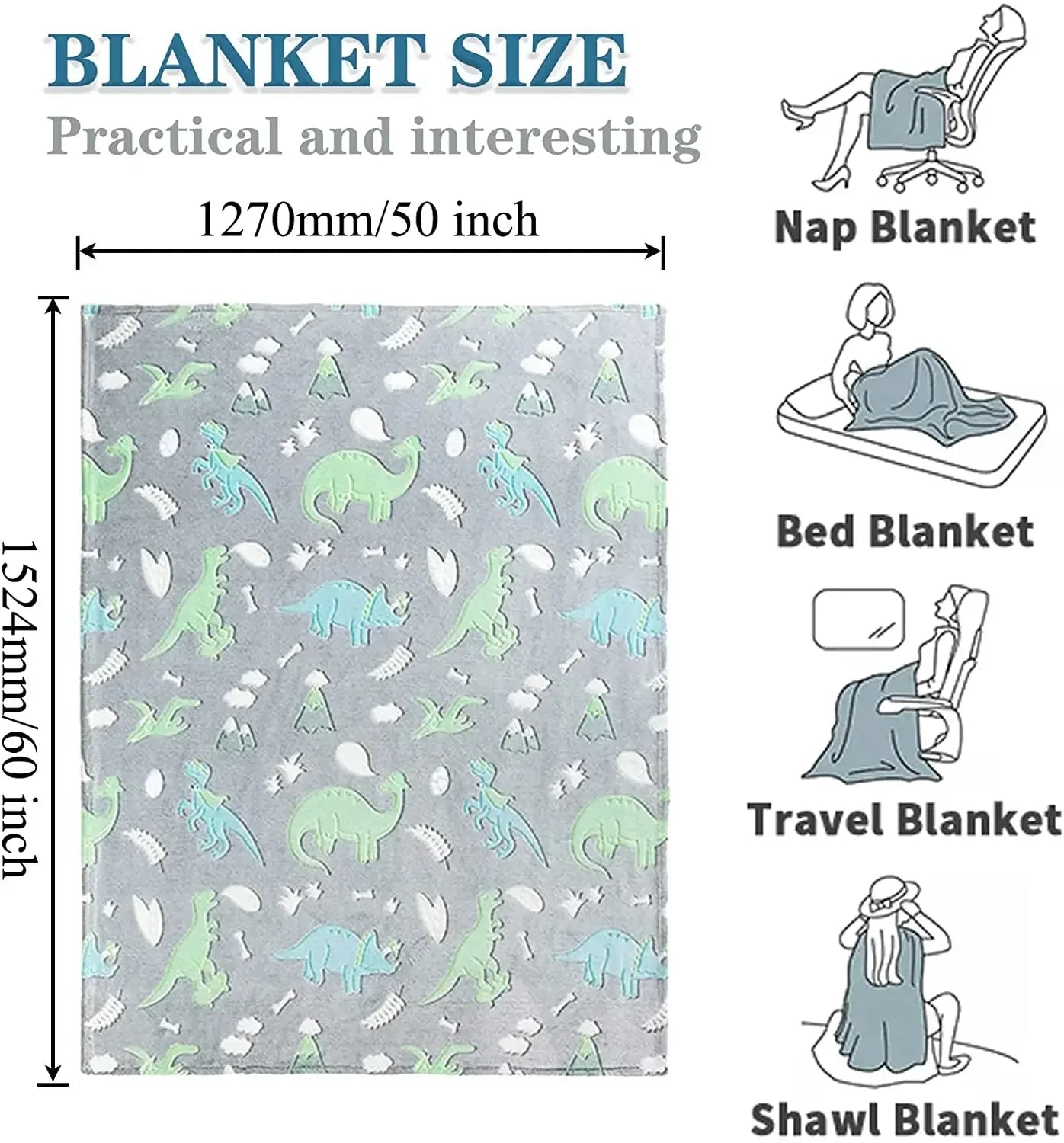 Luminous Unicorn & Dinosaur Plush Blanket – Glow-in-the-Dark Soft Flannel Throw for Boys & Girls, Christmas Gift