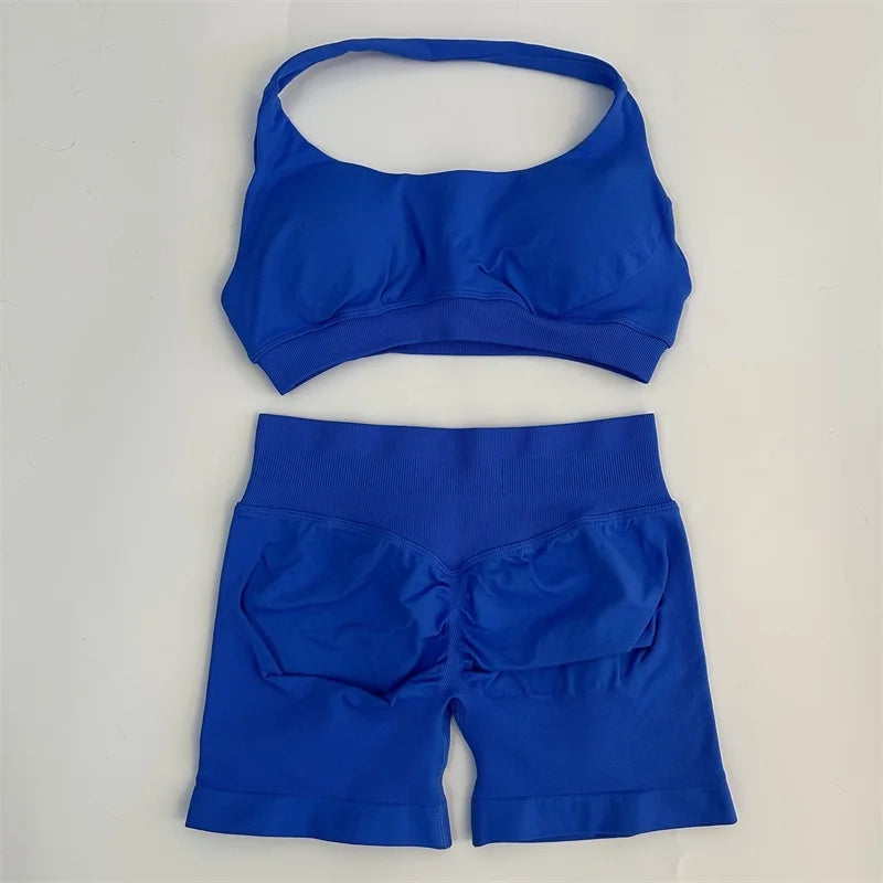 2PCS Seamless Yoga Workout Set – Scrunch Shorts & Halter Sports Bra Gym Fitness Outfit