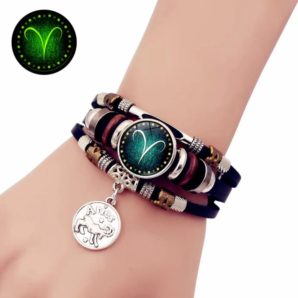 Starry Sky Zodiac Luminous Leather Bracelet - Multi-Layered Beaded Snap Closure for Men & Women, Friendship Bracelet