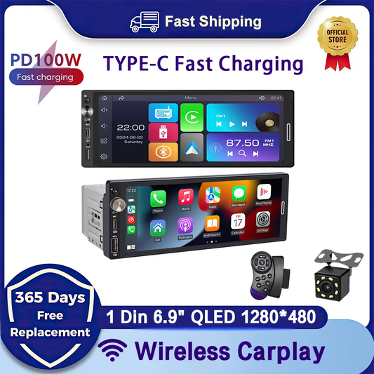 Universal 1DIN 6.9" Wireless CarPlay Android Auto – MP5 Multimedia Car Radio Stereo with TYPE-C Fast Charging