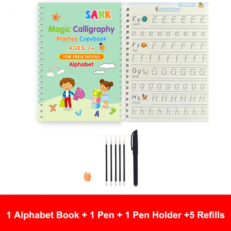 4-Piece Magic Practice Copybook Set with Pen — Reusable English Calligraphy Writing Book for Kids & Preschoolers
