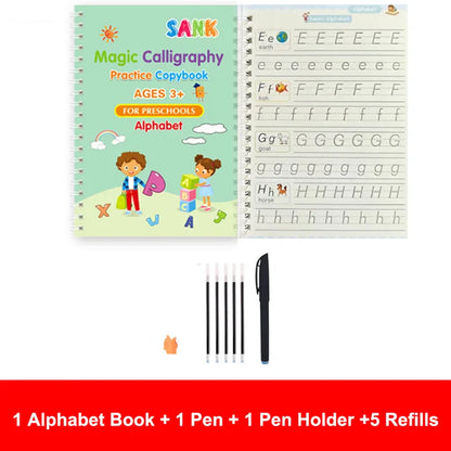 4-Piece Magic Practice Copybook Set with Pen — Reusable English Calligraphy Writing Book for Kids & Preschoolers