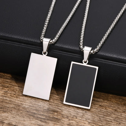 Casual Black Enamel Necklace for Men, Waterproof Stainless Steel Square Pendant, Simple Fashion Collar Jewelry Gift