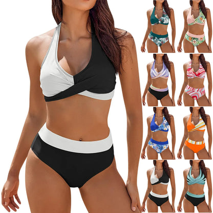 Floral Colour Block High Waist Bikini – Women's Two-Piece Swimsuit Teen Beachwear 2024 Trend