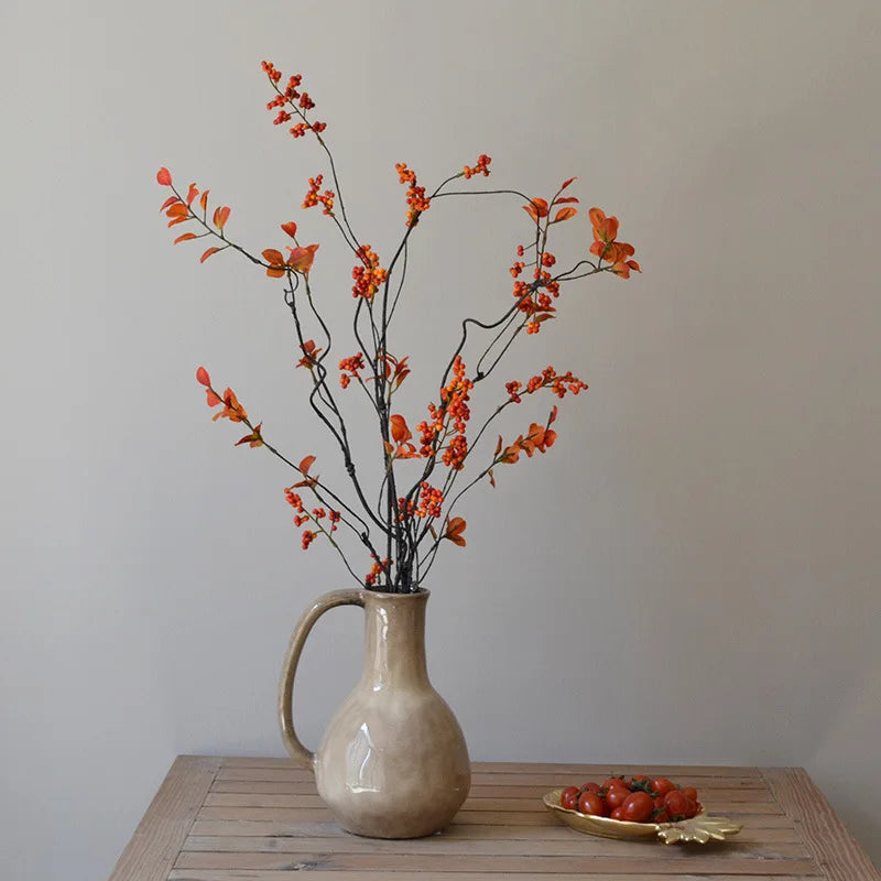 120CM Style Artificial Flower Arrangement – Zen Winter Green & Red Berry Décor for Home, Tea Table Decoration