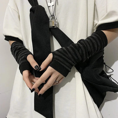 Stay Warm in Style: Winter Fingerless Striped Long Sleeve Gloves - Hip-Hop Knitted Design for Men and Women, Elastic Outdoor Arm Warmers