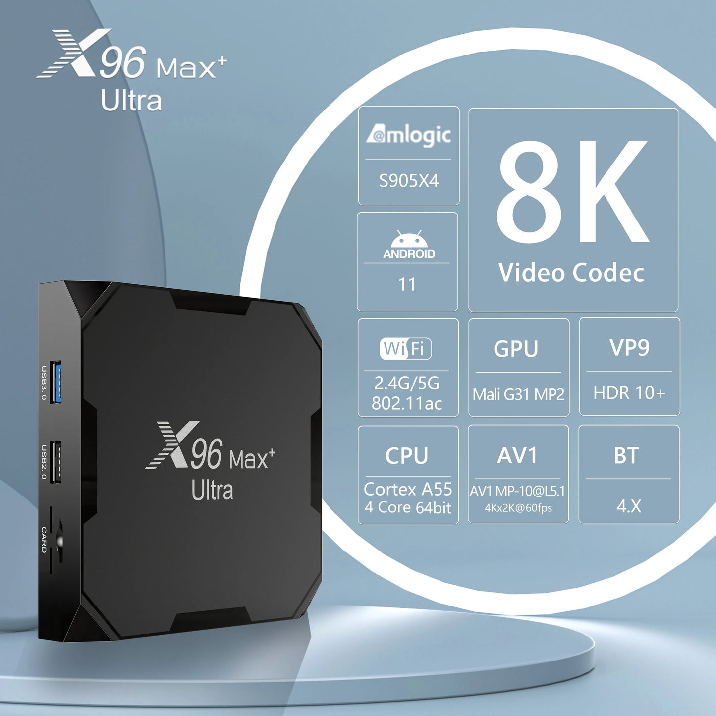 X96 Max Plus Ultra TV Box — Android 11 Amlogic S905X4 4GB RAM 32GB Storage, 8K AV1 WiFi Bluetooth Media Player
