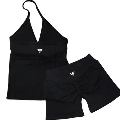 Women’s 2-Piece Yoga Set – Seamless Gym Outfit with Shorts & Lace-Up Sports Bra, High Quality Fitness Activewear Set