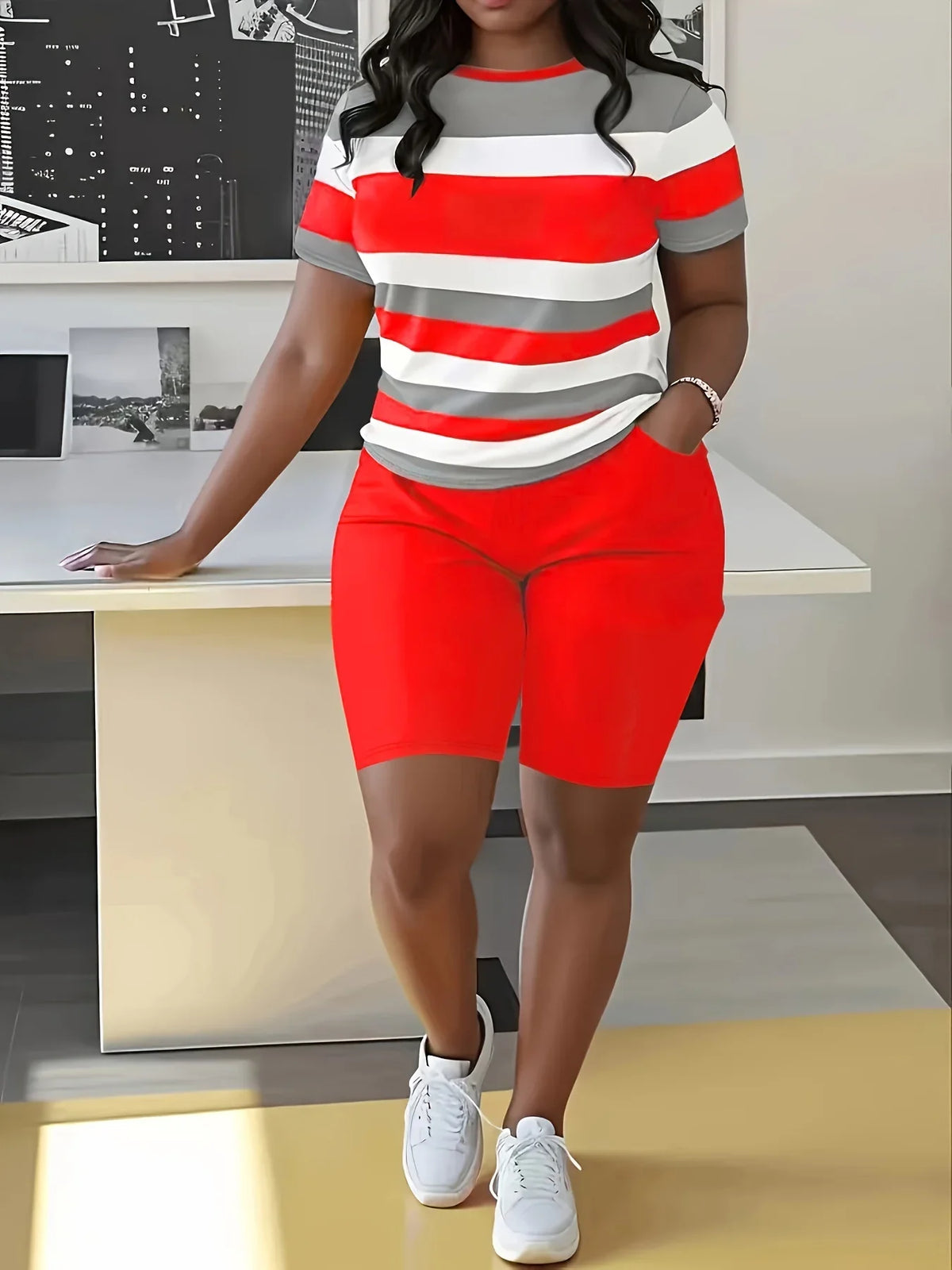Plus Size Women’s Two-Piece Striped Outfit Set – Short Sleeve Top & High Waist Shorts Casual Summer Wear