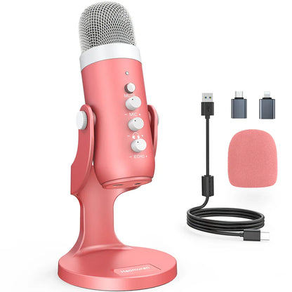 Haomuren USB Condenser Microphone – Pink Studio Mic for PC, Mac, Phone, Gaming, Streaming & Podcasting