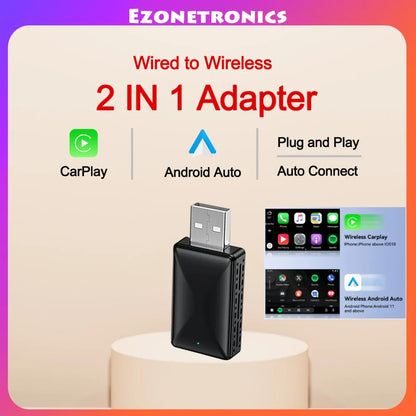 2 in 1 Wired to Wireless CarPlay and Android Auto Adapter - USB Plug and Play for OEM Car Stereo