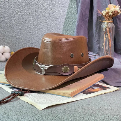 Faux Leather Western Cowboy Hat — Vintage Panama Sombrero Jazz Cap for Men & Women