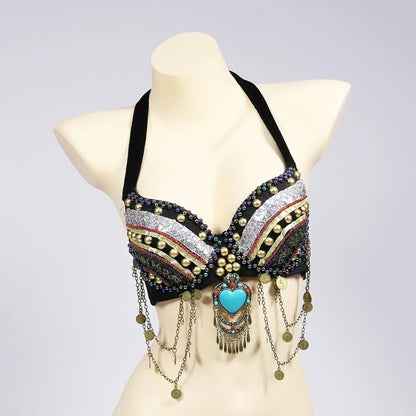 Vintage Gypsy Tribal Belly Dance Push-Up Bra – Wooden Beads Top with Turquoise Medallion