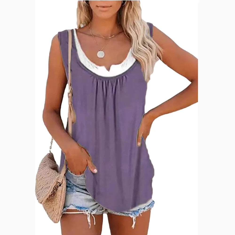 Women’s Two-Piece Look Leaf Print Tank Top - 2026 Summer Sleeveless Casual Loose Camisole with Pockets