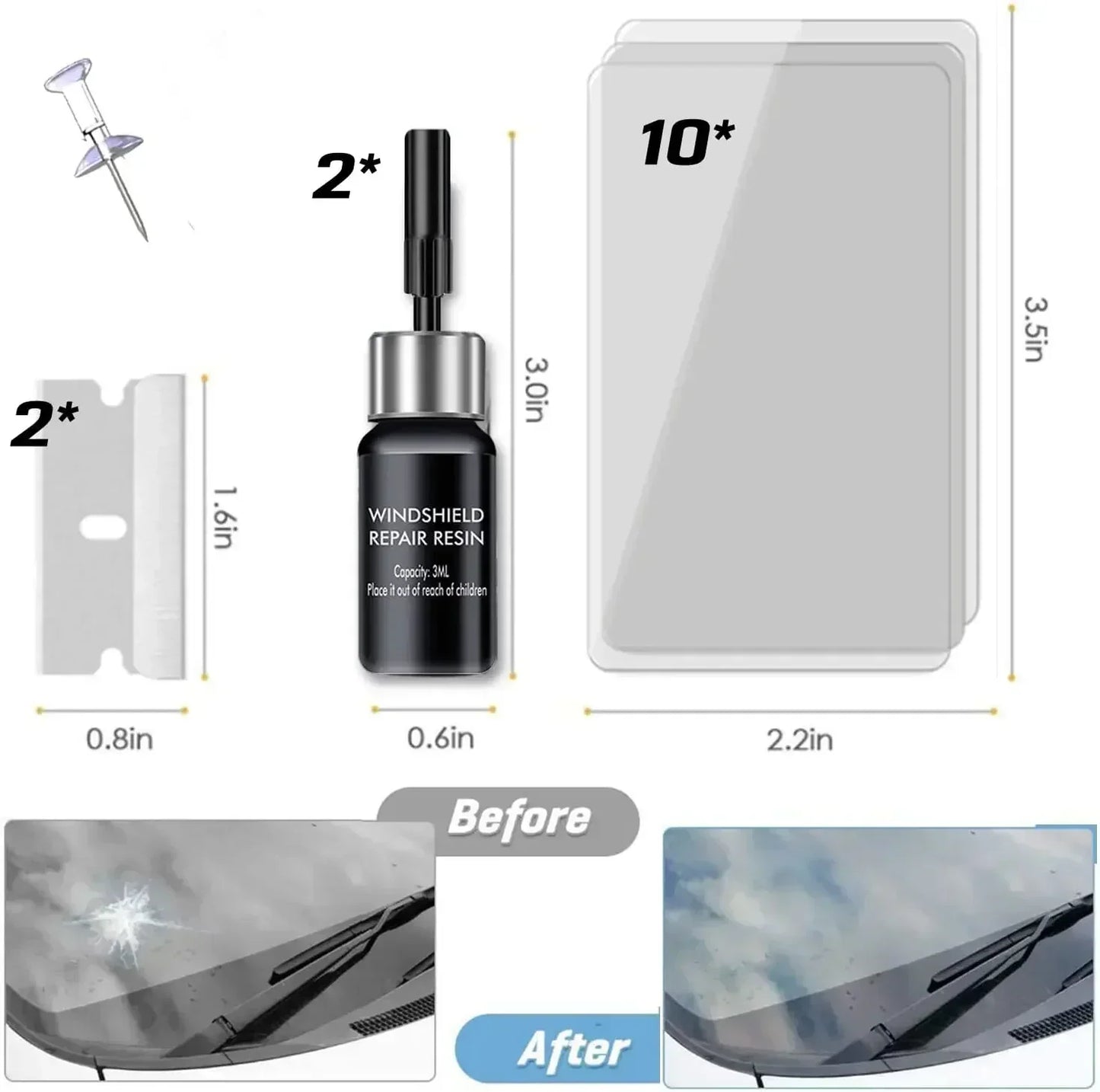 Windshield Repair Kit – DIY Automotive Glass Tool for Chips, Cracks & Star-Shaped Damage with Nano Fluid Filler