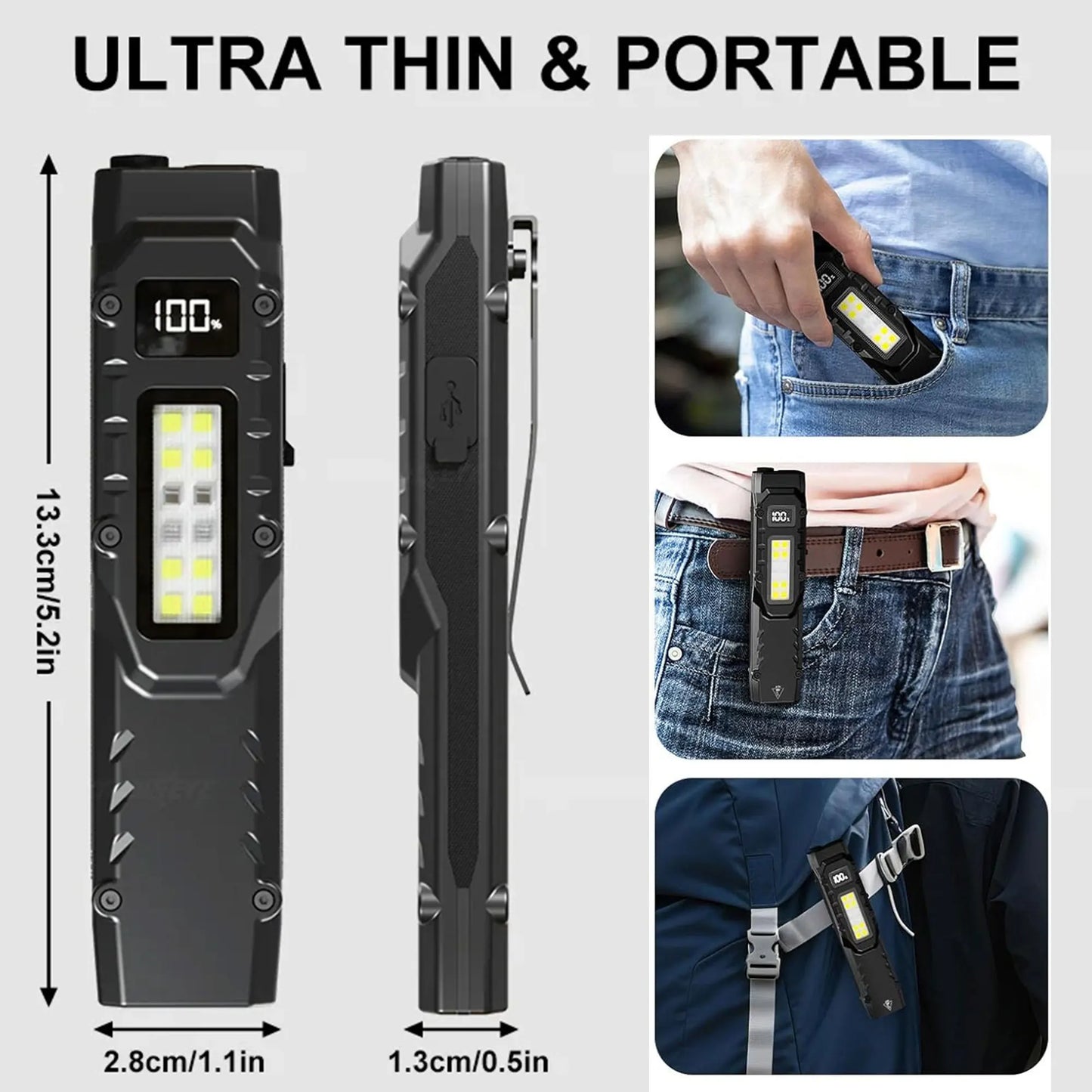 Tactical Triple-Light LED Flashlight – Ultra-Thin Aluminum Alloy EDC Rechargeable COB Work Light